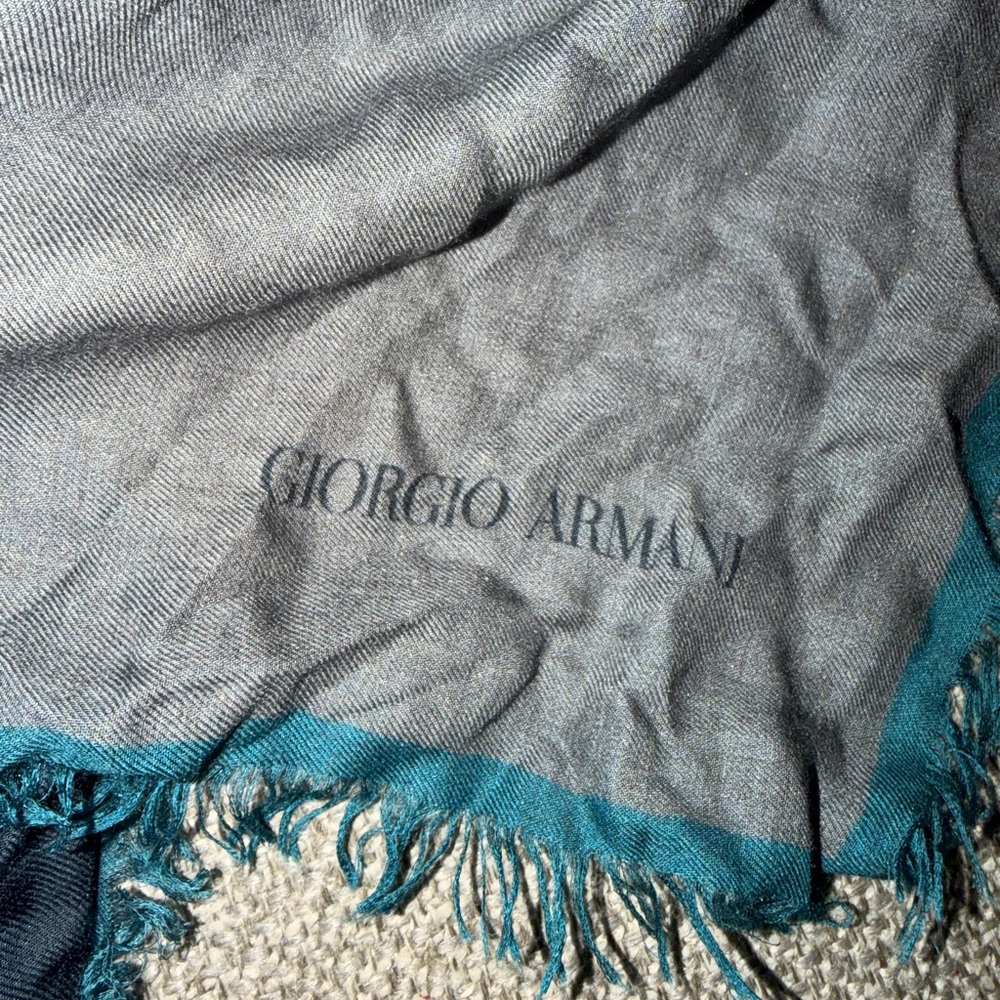 Giorgio Armani Teal and Blue and Grey Fringed Silk Blend Men’s Scarf - Picture 4 of 6